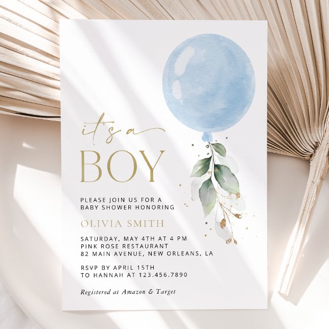 Invitación Globo azul, eucalipto, vegetación, Baby Shower (Subido por el creador)