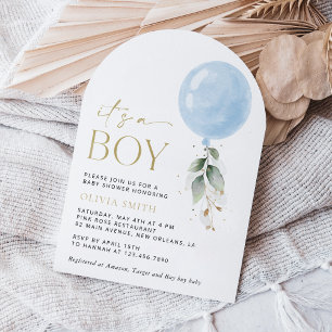 Invitación Globo azul, eucalipto, vegetación, Baby Shower