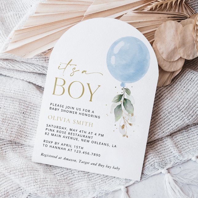 Invitación Globo azul, eucalipto, vegetación, Baby Shower (Subido por el creador)