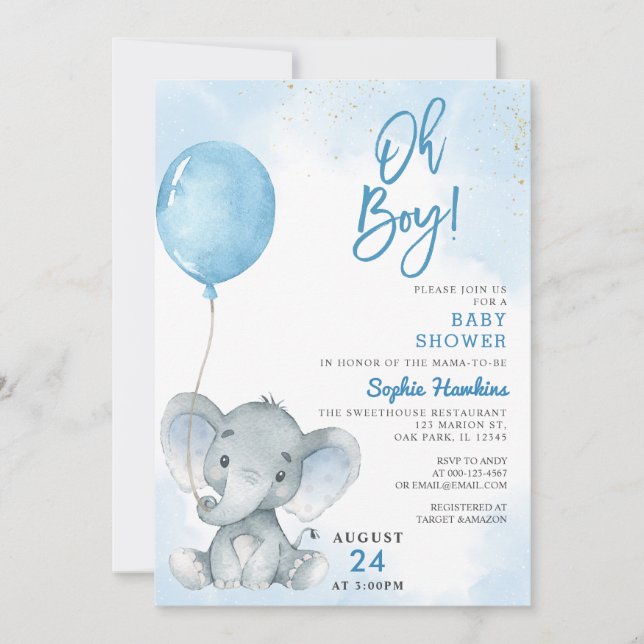 Invitación Globo azul Oh Boy Elephant Baby Shower (Anverso)