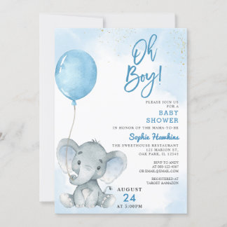 Invitación Globo azul Oh Boy Elephant Baby Shower