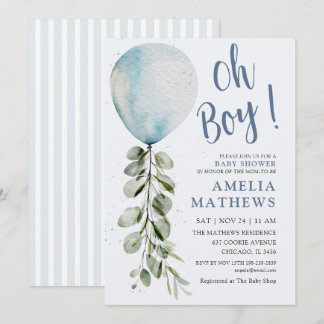 Invitación Globo Azul Oh Chico Aquarela Baby Shower