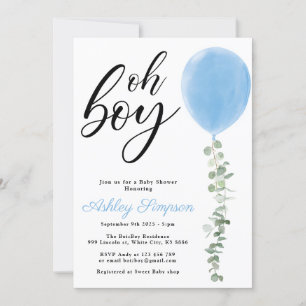 Invitación Globo azul Oh niño eucalipto bebé ducha