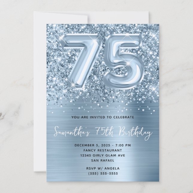 Invitación Globo azul Purpurinoso Glam 75 cumpleaños (Anverso)