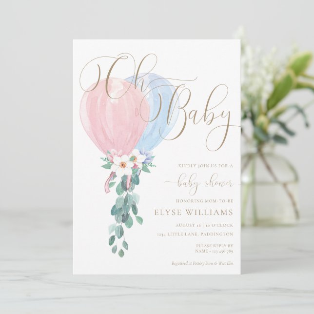 Invitación Globo azul rosa Oh Baby Shower bebé (Anverso de pie)