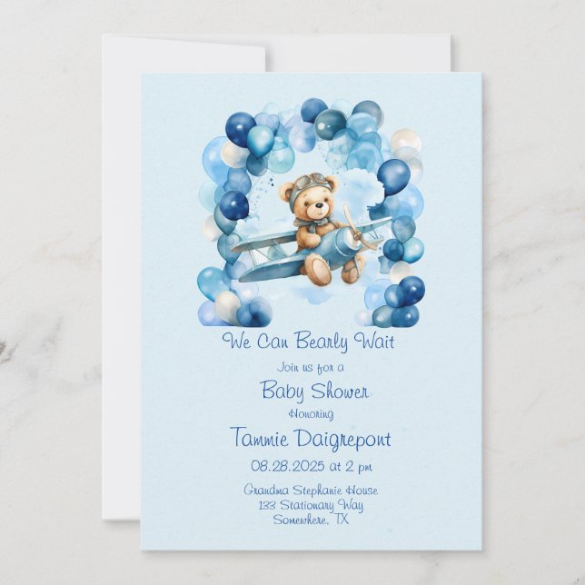 Invitación Globo azul Teddy Bear Airplane Boy Baby Shower (Anverso)