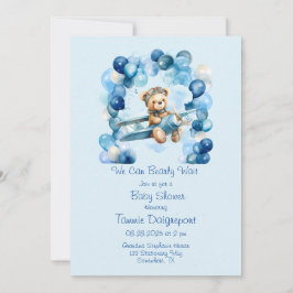 Invitación Globo azul Teddy Bear Airplane Boy Baby Shower