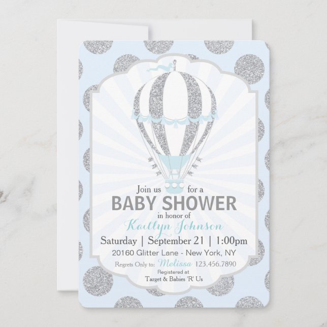 Invitación Globo Baby Shower del aire caliente de los azules (Anverso)