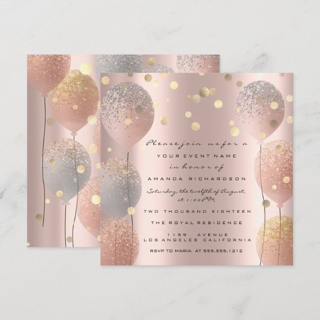 Invitación Globo con brillo de chispa rosa dorado Dulce 16 cu (Anverso / Reverso)