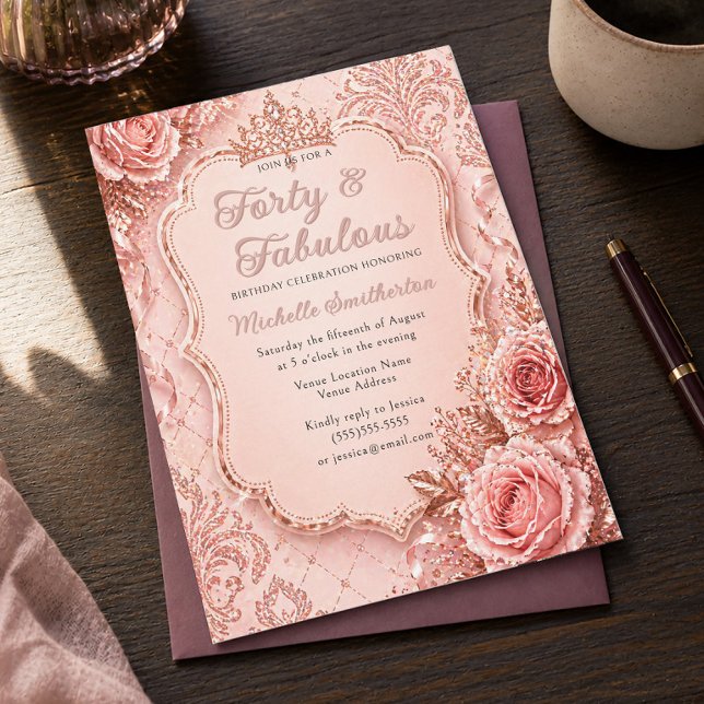 Invitación Globo con Brillo Dorado Rosado Cumpleaños 40 y Fab (40 and Fabulous pink and glitter 40th birthday party invitation)