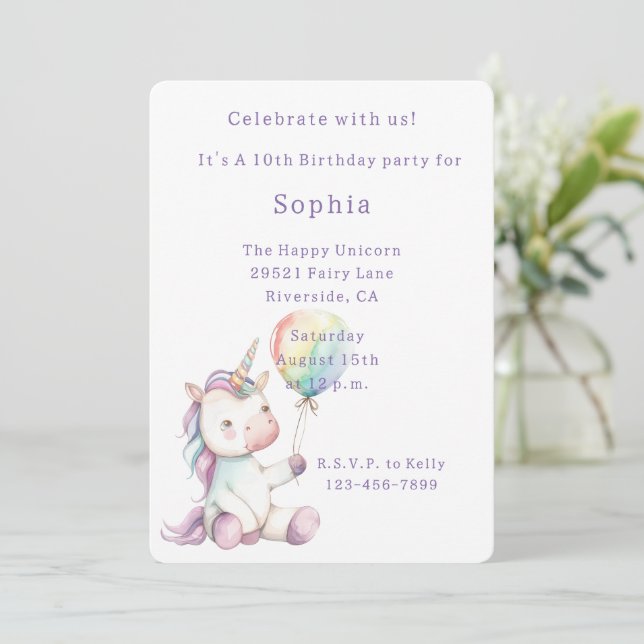 Invitación Globo Cumpleaños Unicornio Blanco Púrpura (Anverso de pie)