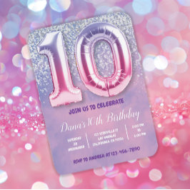 Invitación Globo de 10 años morado y rosa