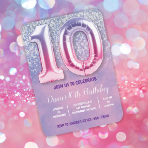 Invitación Globo de 10 años morado y rosa