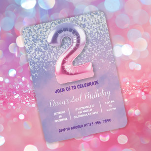 Invitación Globo de 2º cumpleaños morado y rosado