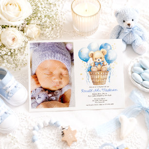 Invitación Globo de Acuarela, Oso de Peluche, Niño de Foto Ba