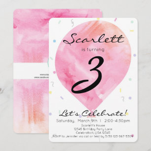 Invitación Globo de Acuarela Rosa Cumpleaños Niña
