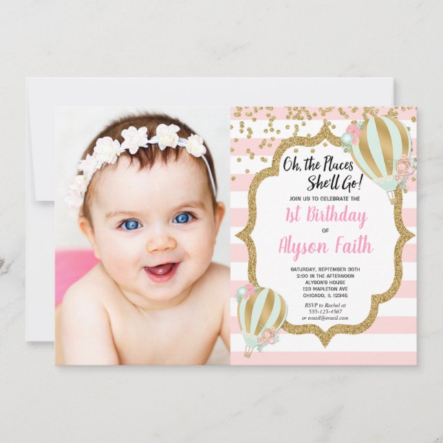 Invitación Globo de aire caliente 1º cumpleaños foto de oro r (Anverso)