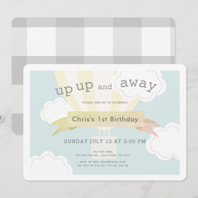 Invitación Globo de aire caliente amarillo arriba y lejos 1er (Anverso / Reverso)