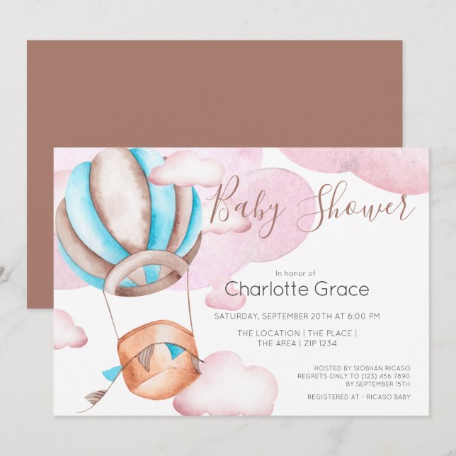 Invitación Globo De Aire Caliente Azul En El Baby Shower De L (Anverso / Reverso)