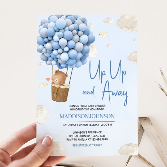 Invitación Globo de aire caliente azul hacia arriba y lejos d (Up and Away Hot Air Balloon Baby Shower Invitation
)