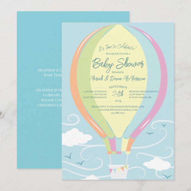 Invitación Globo de aire caliente Baby Shower Blue Rainbow (Anverso / Reverso)
