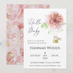 Invitación Globo de aire caliente Baby Shower Floral rosa
