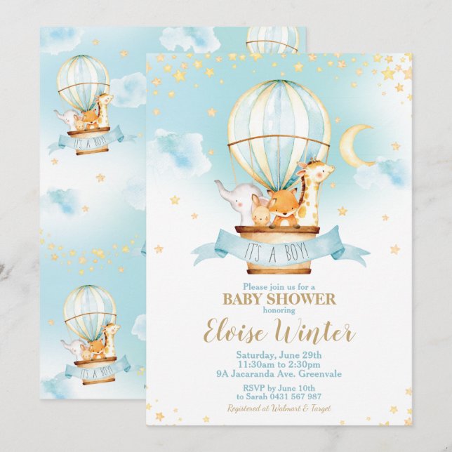 Invitación Globo de aire caliente Baby Shower Jungle Animals  (Anverso / Reverso)