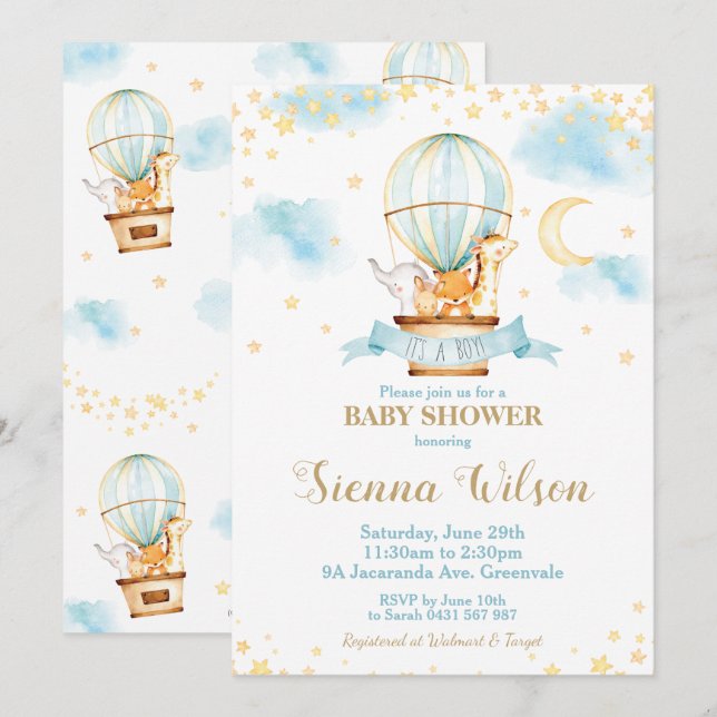 Invitación Globo de aire caliente Baby Shower Jungle Animals  (Anverso / Reverso)