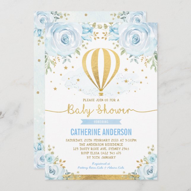 Invitación Globo de aire caliente Baby Shower Pastel Blue Flo (Anverso / Reverso)