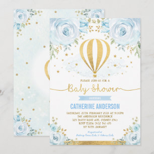 Invitación Globo de aire caliente Baby Shower Pastel Blue Flo