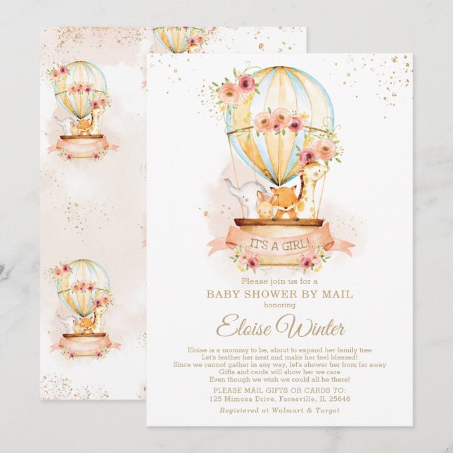 Invitación Globo de aire caliente Baby Shower por Mail Cute A (Anverso / Reverso)