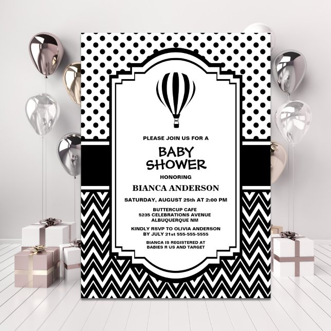 Invitación Globo de aire caliente blanco y negro de Baby Show (Subido por el creador)