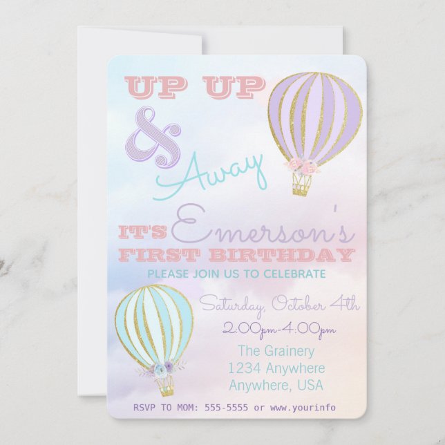 Invitación Globo de aire caliente, cumpleaños de arriba y de  (Anverso)