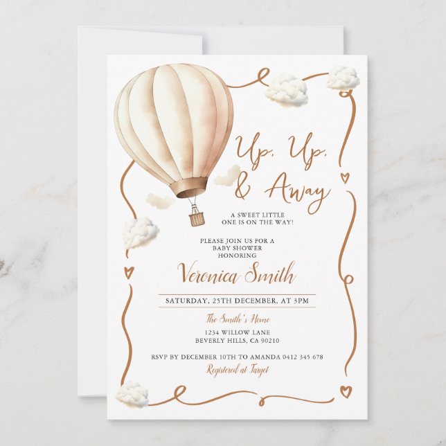 Invitación Globo de aire caliente de Baby Shower beige, arrib (Anverso)