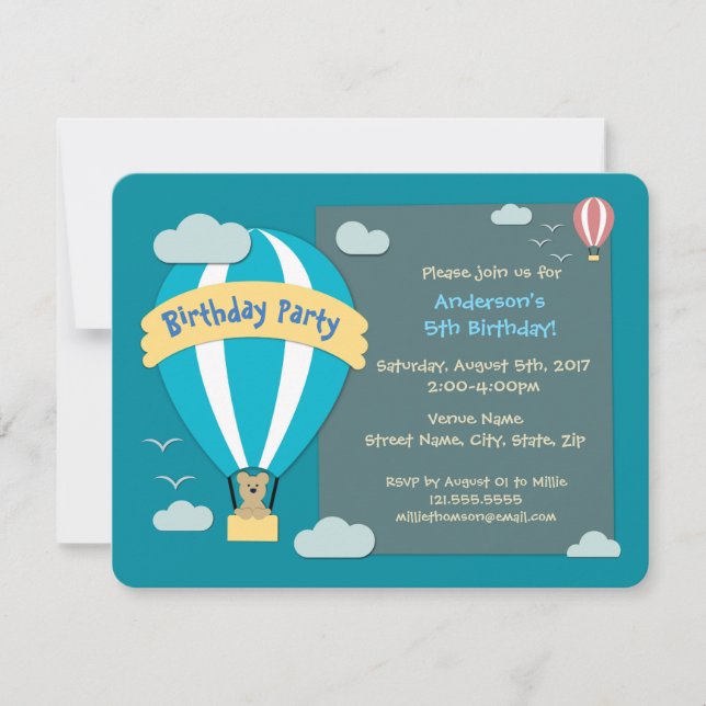 Invitación Globo de aire caliente de fiesta de cumpleaños (Anverso)