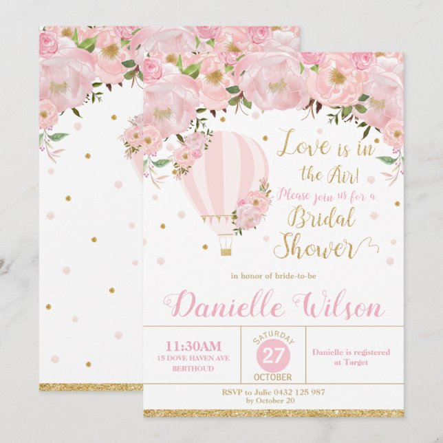 Invitación Globo de aire caliente ducha de novia floral Rubor (Anverso / Reverso)