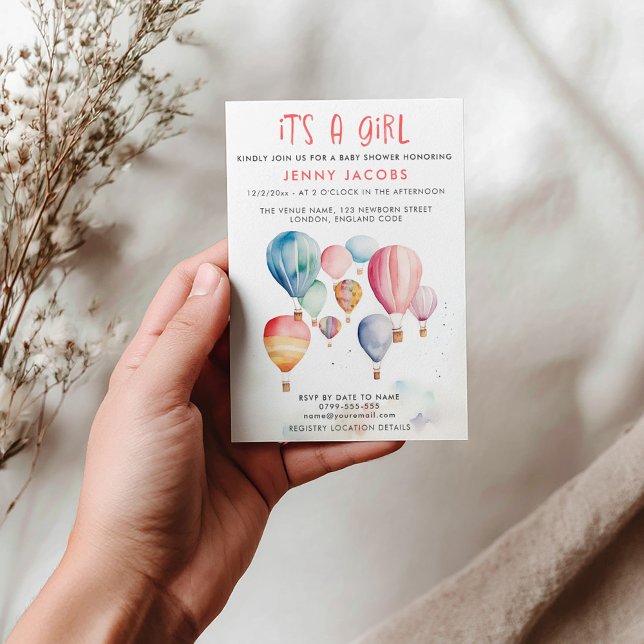 Invitación Globo de aire caliente Es una ducha de bebé Chica (Hot air balloons its a girl baby shower invitation card)