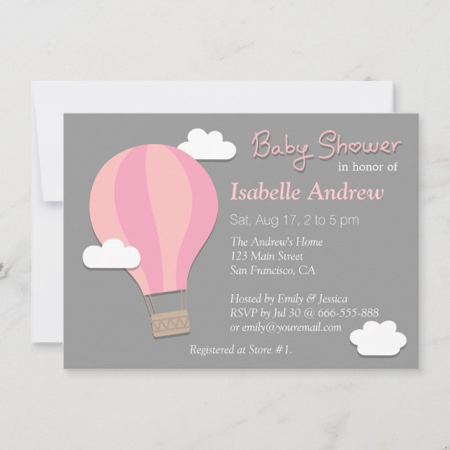 Invitación Globo de aire caliente, Fiesta Baby Shower Chica,  (Anverso)