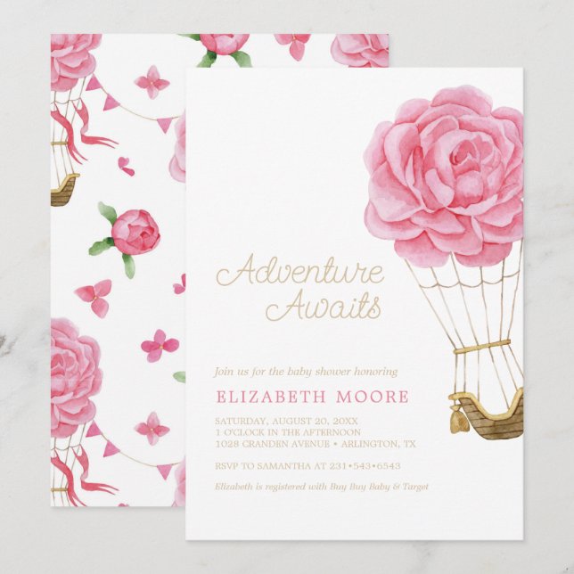 Invitación Globo de aire caliente floral Baby Shower Peony | (Anverso / Reverso)
