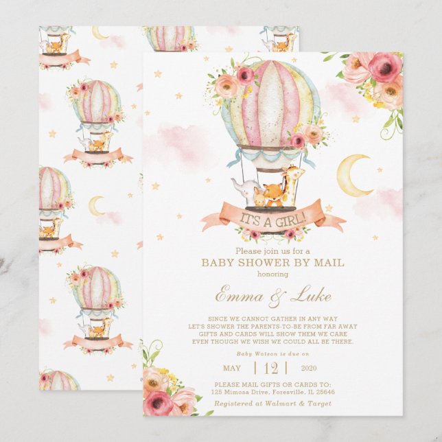 Invitación Globo de aire caliente floral Baby Shower por Mail (Anverso / Reverso)