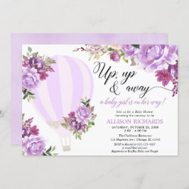 Invitación Globo de aire caliente morado chica florido ducha 