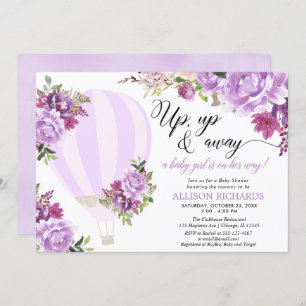 Invitación Globo de aire caliente morado chica florido ducha 