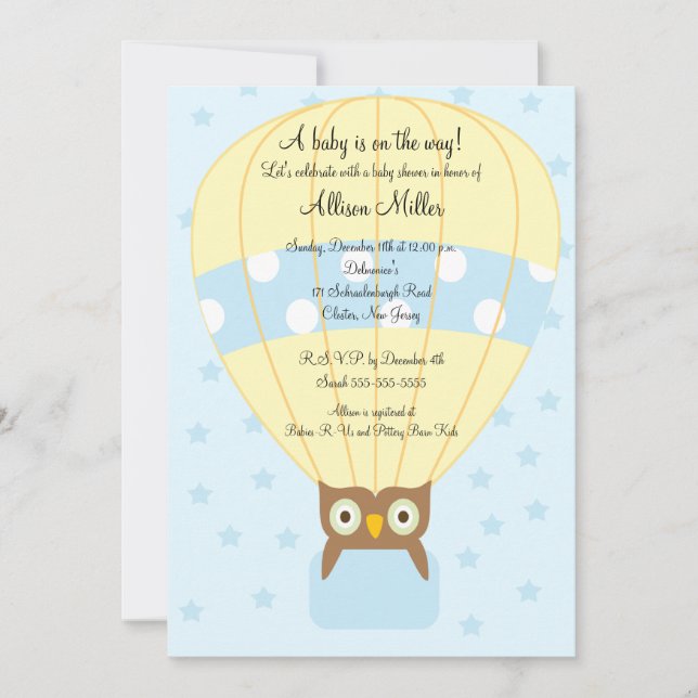 Invitación Globo de aire caliente OWL Boy Baby Shower (Anverso)