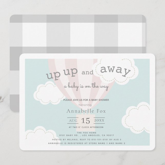 Invitación Globo de aire caliente rosa arriba y lejos de Baby (Anverso / Reverso)