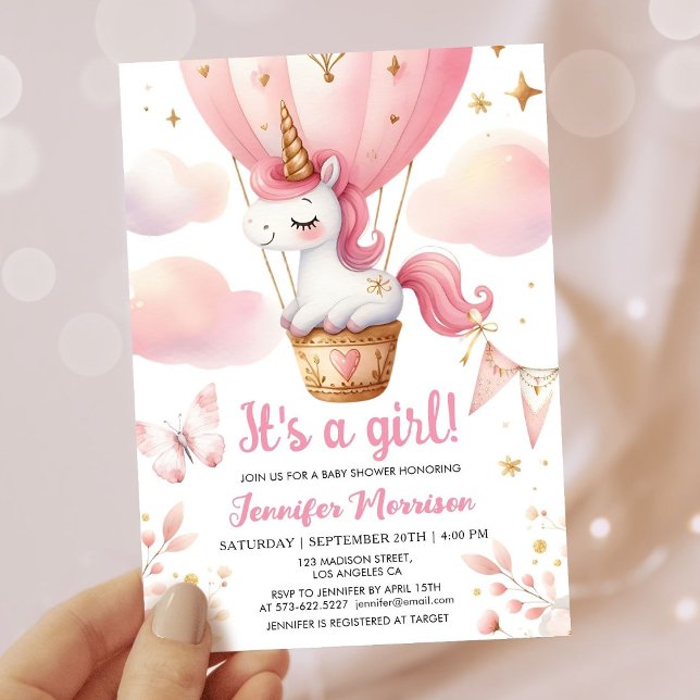 Invitación Globo de aire caliente rosa Chica Baby Shower de U (Subido por el creador)