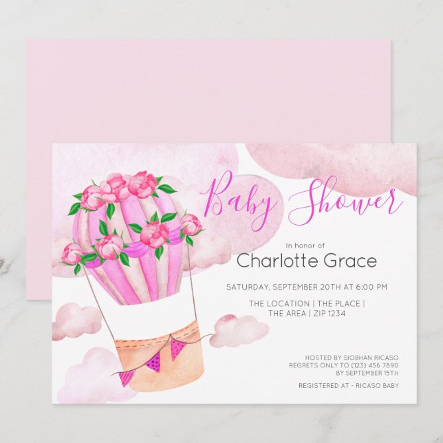 Invitación Globo De Aire Caliente Rosa En El Baby Shower De L (Anverso / Reverso)