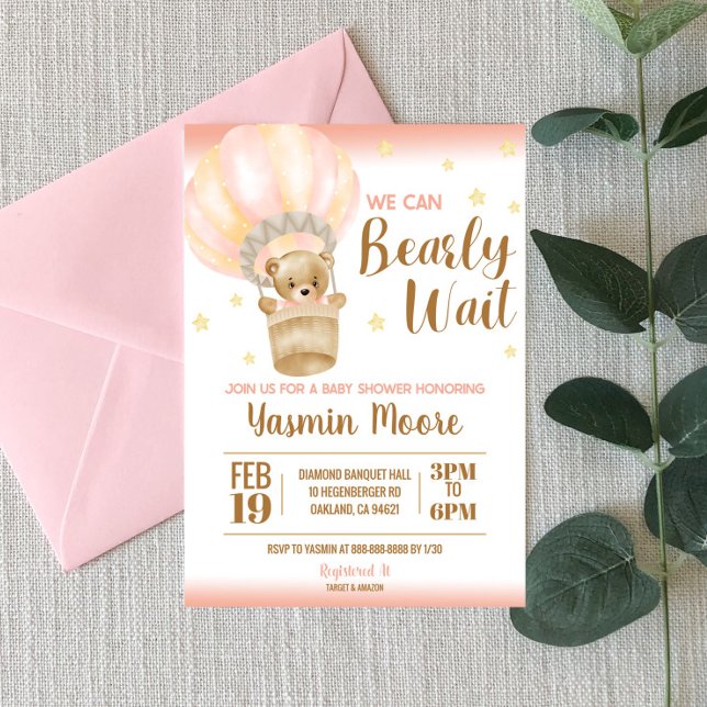Invitación Globo de aire caliente rosa Teddy Bear Tema Baby S (Subido por el creador)
