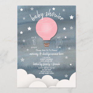 Invitación Globo de aire caliente rosado + Chica Estrellas Ba