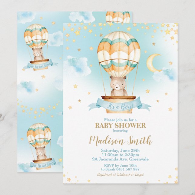 Invitación Globo de aire caliente Teddy Bear Baby Shower Boy (Anverso / Reverso)