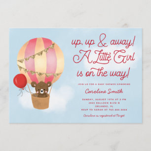 Invitación Globo de aire caliente Teddy Bear Baby Shower rosa